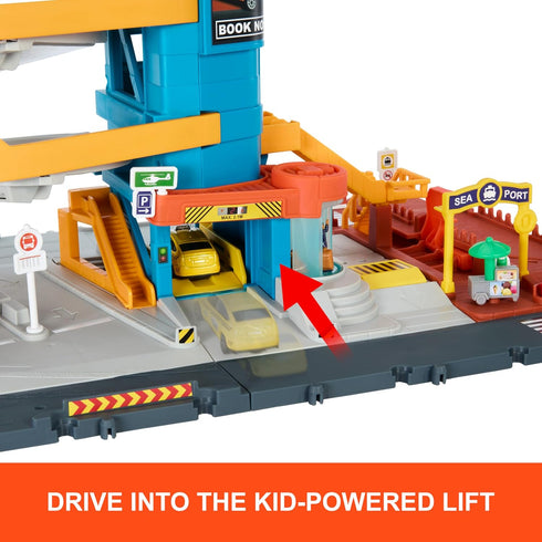 Matchbox Transportation Center Playset, 5 Levels with 1:64 Scale Taxi, Boat, Helicopter & Food Vendor Features