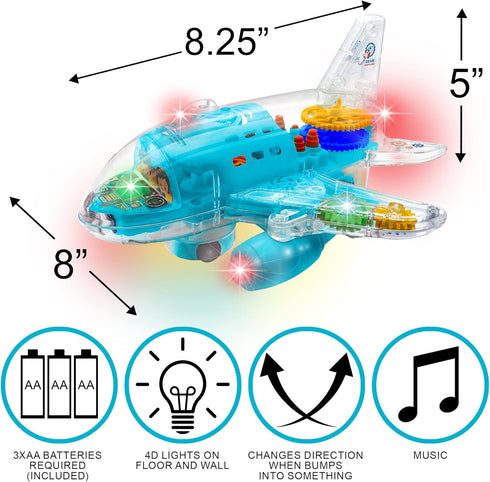 ArtCreativity Light Up Airplane Toy for Kids, 1PC, Bump and Go with Colorful Gears, Music, LED Effects, Ages 1-3