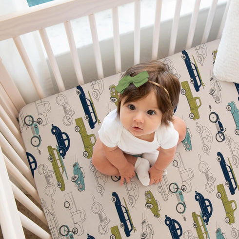 Glenna Jean Uptown Traffic Baby Crib Sheet & Diaper Changing Pad Cover Bundle Cars Trucks Motorcycles Racing