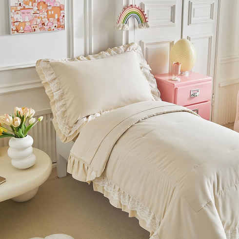 Set 4 Set 1 1 +1 +1 Ruffled Lace Toddler Bedding with Ruffle Fringe, Solid Color Pieces Toddler Bed - Cute Baby