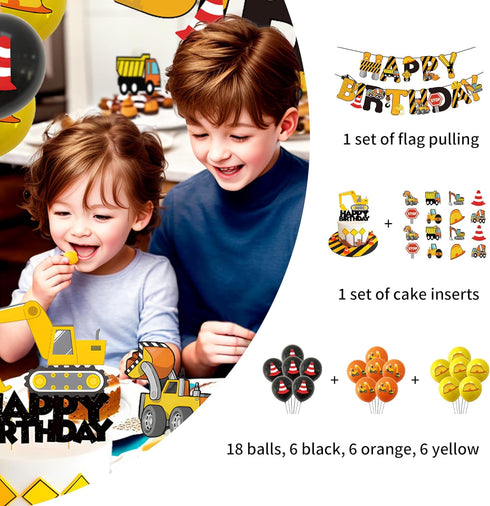 PEIQICHU Excavator Birthday Decorations Construction Birthday Party Decoration Supplies for Kids Truck Car Themed Happy