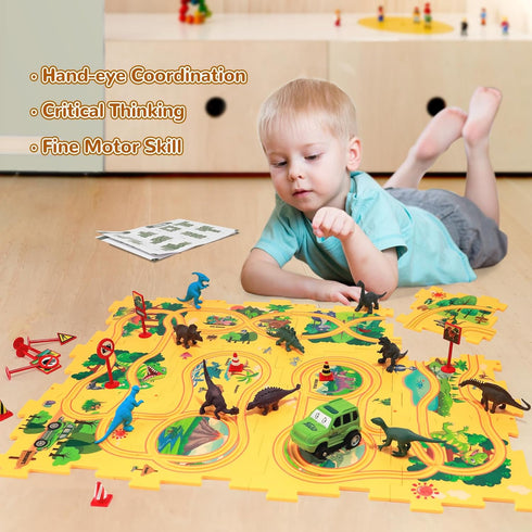 Set 12 3-5 3 4 5 6 Puzzle Track Car Play with Dinosaur Figures, Plastic Railcar Floor Puzzles for Kids Ages