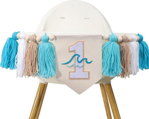 BASCT 1st Big One Surf High Chair Banner - Wave Birthday Decoration for Boys, Tassel Garland
