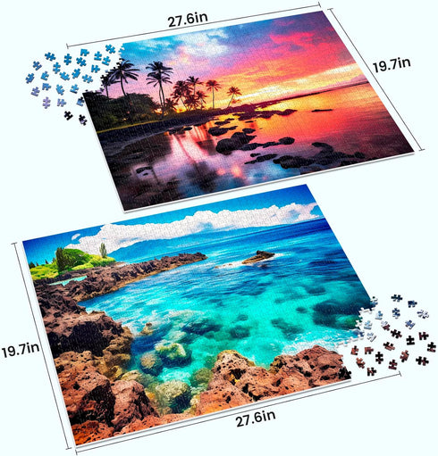 2 Pack 1000 2000 Piece Puzzles for Adults - Beach, Coconut Tree, Reef Landscape Jigsaw Puzzles - Pieces Total