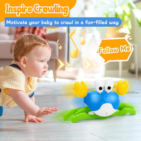 Tummy Crawling Crab Baby Toy, Increase Baby's Time Crab, Inspire Crawling, Automatic Obstacle, Rechargeable, Music