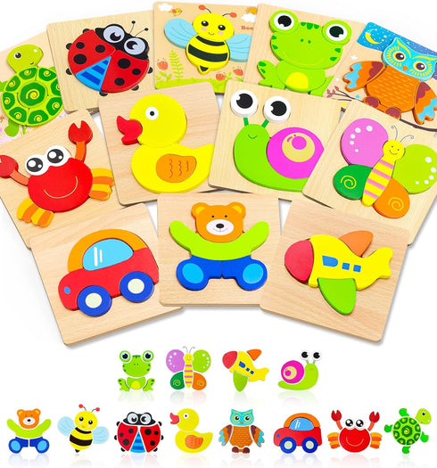 Bekayshad 12 Pack Wooden Puzzles for Toddlers, Animal Jigsaw Montessori Toys, Educational Gifts for Ages 1-3