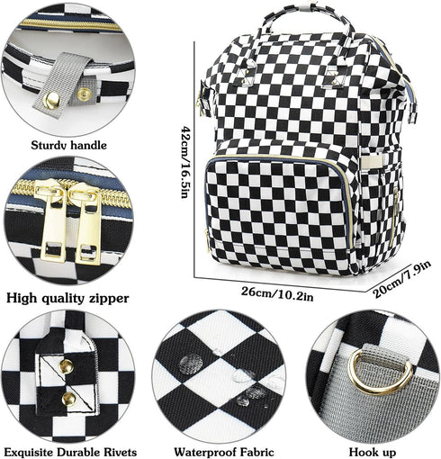 MCWTH Backpack Set Checkered Diaper Bag for Baby Girls Mom, Large Capacity Multi-Function Nappy Bags Organizer