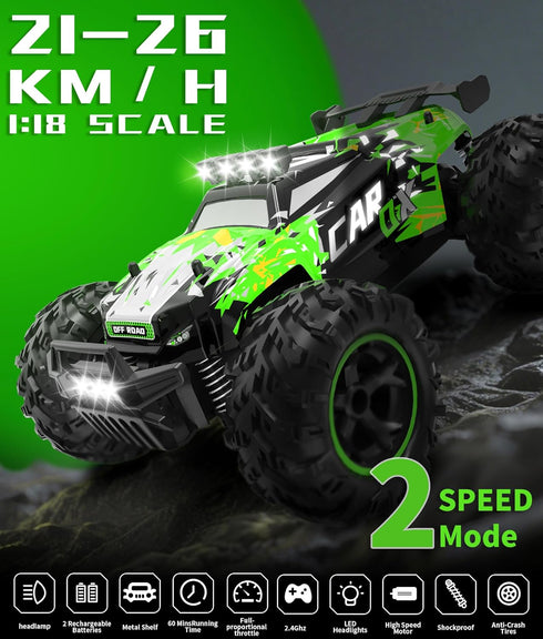 2.4GHz 26KM/H 1:18 1800mAh 6+ Carox Remote Control Car, High Speed RC Car, Off-Road Monster Truck with LED Lights