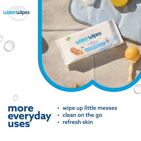 3-In-1 99.9% 240 Count (4 Packs) WaterWipes Sensitive+ Newborn & Baby Wipes, Cleans, Cares, Protects, Water, Unscented
