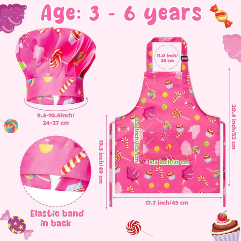 GROBRO7 4Pcs Set 2 Kids Apron and Chef Hat Gift for Girls Boys, Cookie Cupcake Candy Prints Kitchen Pretend Play Child