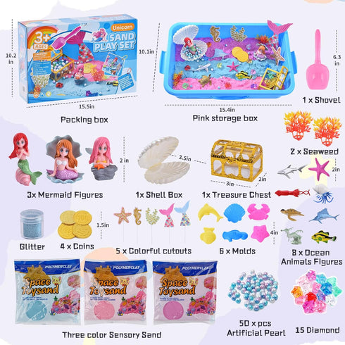 3.3lb 3-8 Volmop Sensory Bin for Girl, Play Sand Art Kit with Sandbox, Color Sand, Mermaid Tactile Sensory, Christmas