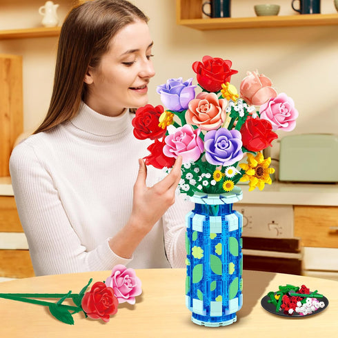 Set 16 CUBIMANA Roses Flowers Building with Vase & LED Light, for Her, Mini Flowers Bouquet Building Blocks Toy