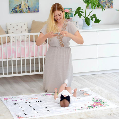 Baby Girl Milestone Blanket, Floral Elephant Design Soft Fleece Monthly Growth Blanket for Photos and Nursery Decor