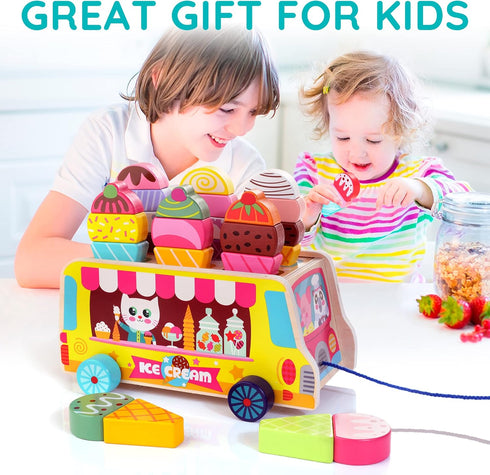 28 2-5 HELLOWOOD Wooden Ice Cream Truck, pcs Magnetic Ice Cream Sweet Treats Pretend Play Food & Accessories