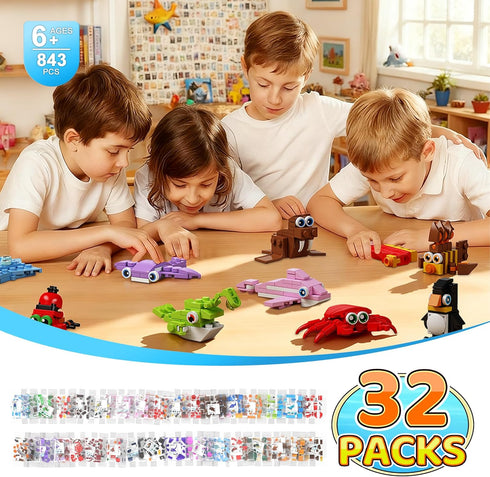 EITOLNR 32 Pack 846PCS 6-12 Marine Animals Building Blocks - Kids Party Favors Educational Toy, Goodie Bag Stuffers