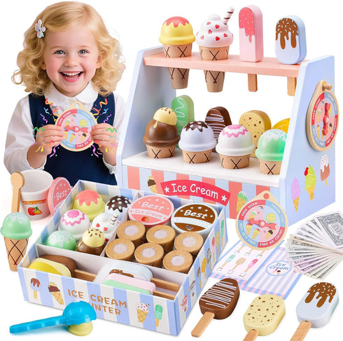 Ehome Wooden Ice Cream Toys Set Pretend Play Food Store for Kids