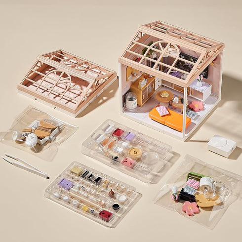 92Pcs 1:24 8+ Miniature Living Room DIY Kit Scale Dollhouse Furniture with LED Light, Modular Scene Connector