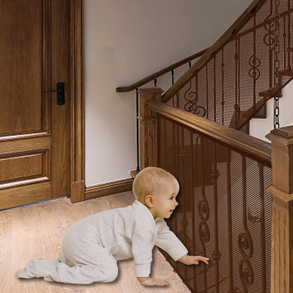 JIFTOK Baby Gate for Stairs - 10ft L x 2.66ft H Mesh Netting Safety Net for Kids, Pets, Indoor & Outdoor (Brown)