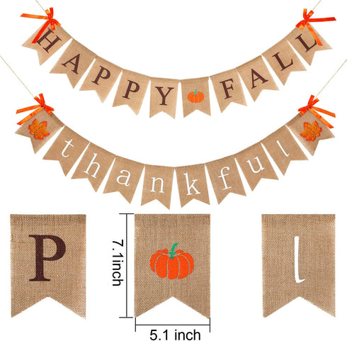 2 Pieces Happy Fall Banner Thankful Burlap Thanksgiving Banner for Mantle, Pumpkin Maple Leaf Garland Decoration