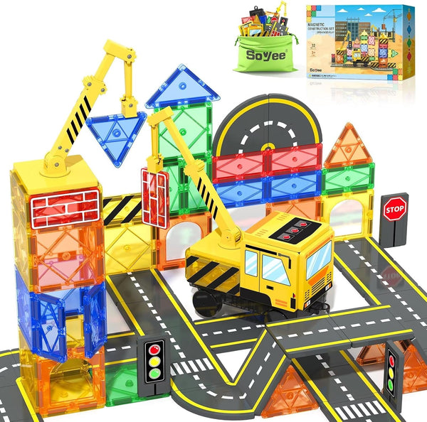 Magnetic Tiles Construction Toys with Crane, Road Pieces, Truck Magnetic Blocks for Kids Ages 3-8, STEM Building