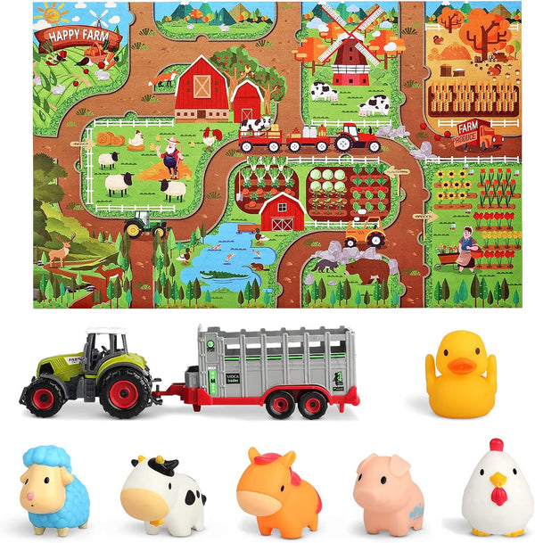 Oriate Farm Animals Transporter Tractor Carrier - 47.2 x 31.5 in Mat, Barnyard Animal Playmat for Kids