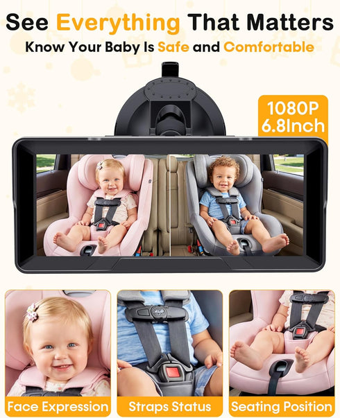 Thybro 1080P 6.8" 2-Kids Setup Dual Baby Car Camera: Night Vision Monitor from Head to Toe at Once - USB Plug & Play