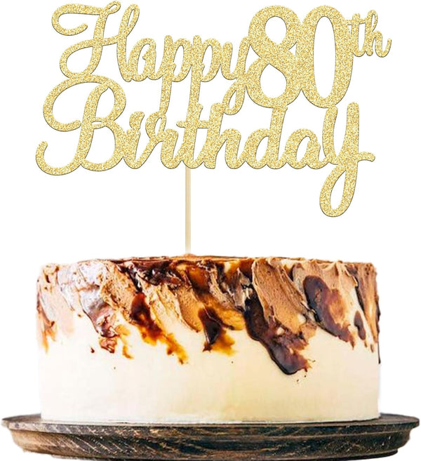 Gyufise 1Pc Gold Happy 80th Birthday Cake Topper, Glitter Cheers to 80 Years Old Cake Decorations