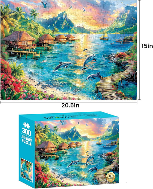 300 Piece Puzzles for Adults, Large Piece Jigsaw Dolphin Puzzles, Recycled Cardboard Paper Games for Kids Adults