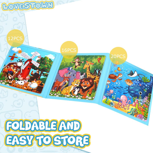 LovesTown Magnetic Travel Puzzles Book - Animal Wooden Magnetic Puzzles for Toddlers Learning on Road Trips