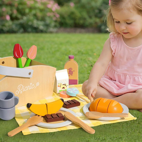 Set 21 Settings 3+ Pillowhale Wooden Picnic Basket Play Food PCS Pretend Kids Kitchen Toy with Blanket, Cutting Fruit