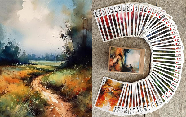 AUTUMN LANDSCAPES Playing Cards, Vintage Watercolor Painting Poker Deck with 54 Different Countryside Views