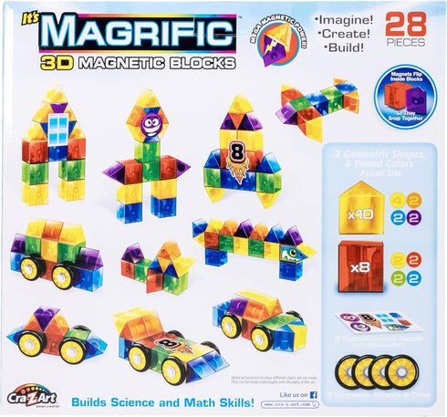 Cra-Z-Art Magrific 3D Magnetic Blocks, 28 Piece Set, Colorful Magnet Building Tiles with 3D Blocks and Vehicle Wheels