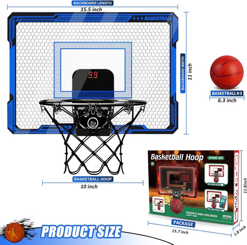 Basketball Hoop Indoor for Kids, Over The Door with LED Lighting & Audio Scoreboard, Mini Basketball Toys