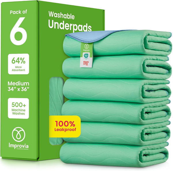 IMPROVIA Washable Underpads, 34" x 36" (Pack of 6) - Heavy Absorbency