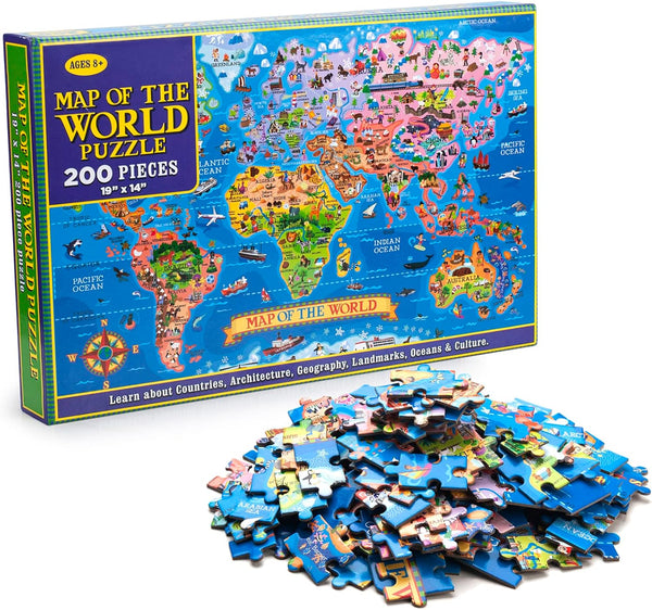 World Map Puzzle - 200 Pieces for Kids & Adults - Educational Geography Jigsaw Puzzle