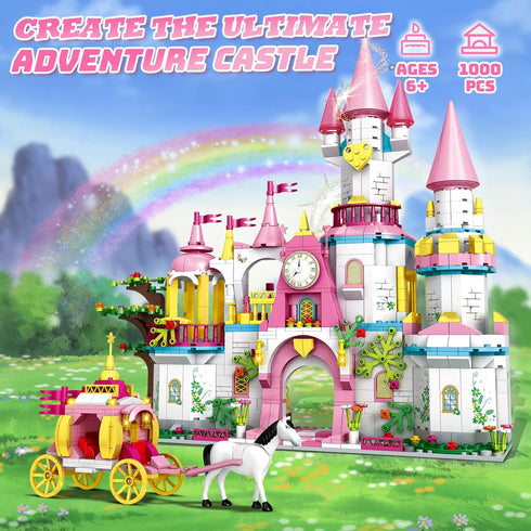 Castle STEM Building Toys for Girls Ages 6-12, VINTOP 1000PCS Pink Princess Castle Carriage Playsets