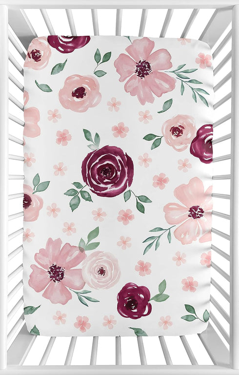 Sweet Jojo Designs Burgundy Watercolor Floral Girl Fitted Mini Crib Sheet Baby