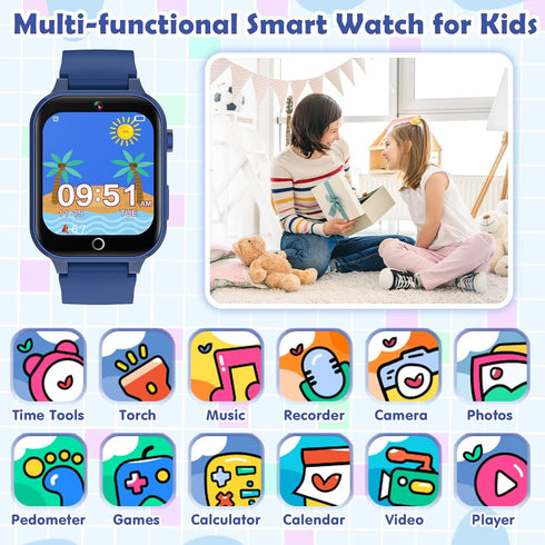 Kids Smart Watch with 26 Puzzle Games, Touch Screen, HD Camera, Alarm Clock, Birthday Gift for Ages 4-12 (Blue)