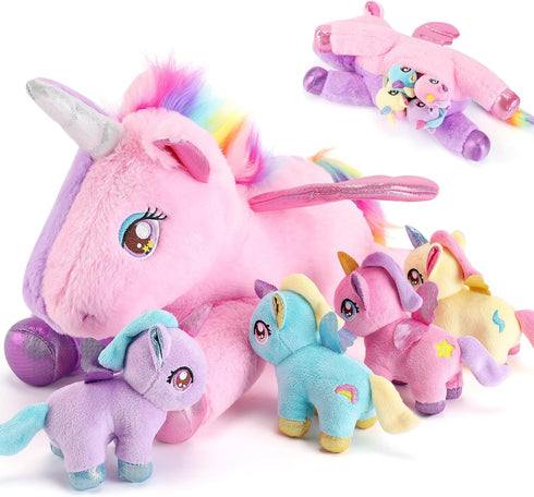 gnomantic 5 Pieces Unicorn Stuffed Animals - 1 Mommy Stuffed Unicorn with