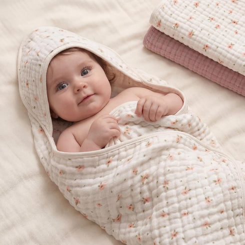 2 Pack, Blissful Diary Muslin Baby Hooded Towel Soft & Absorbent Bath Towel for Baby Girls, Infant Gift, Newborn