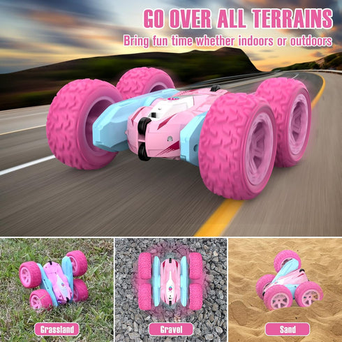 2.4Ghz 360 3+ Remote Control Car, Pink RC Cars for Girls, Rechargeable RC Truck, Double Sided Rotating Stunt Car Toy