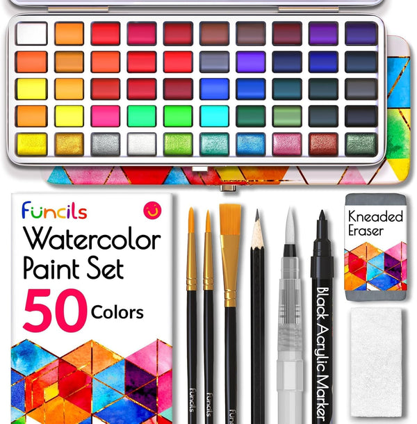 Watercolor Paint Set - 50 Travel Watercolors, Paint for Adults, Kids, Beginners, Palette with Paper, Brush, Art Supplies