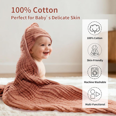 Cottonsong 2-Pack, 100% 32x32 Inches Newborn Hooded Towels Cotton Plain Weave Muslin Baby Bath Towels, Soft