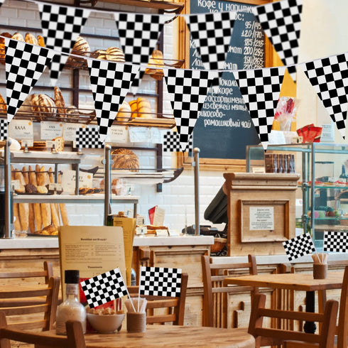 98ft Checkered Black & White Pennant Banner, Racing Flags with 20Pcs 11.8 Inch Plastic Sticks