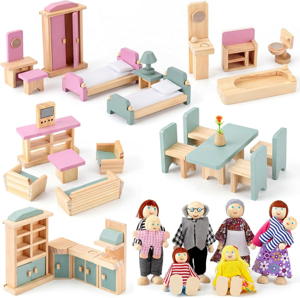Sumind 35 Pcs Wooden Dollhouse Furniture Set with 8 Family Figures, 1:12