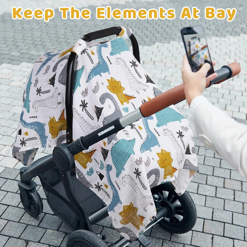 100% Summer, Rquite Baby Boy Car Seat Cover, Muslin Cotton Infant Carseat Canopy, Soft Breathable Stroller Sun Shade