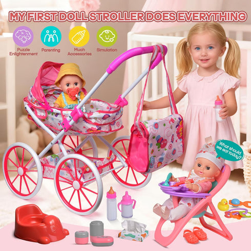 Set 12.5'' Chair&2 Set Playset 3 4 5 Baby Doll Stroller Toys with Baby Dolly, Baby Doll Accessories with Dining