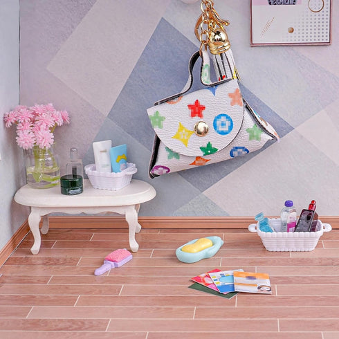 WEHOO 74Pcs Set Backpack Dollhouse Acessories Furniture Mini Cabinet with Drawers Case Handbag Towel Cosmetic Bathroom