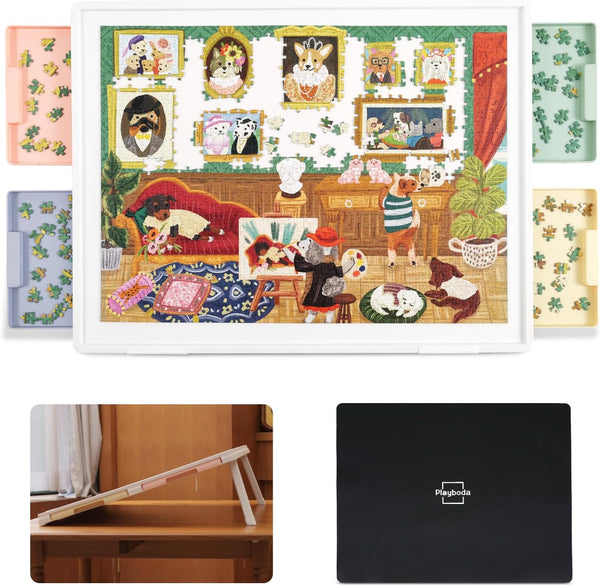 Playboda 1000-Piece Tilting Puzzle Board (30"x22") with 4 Color Drawers and Protective