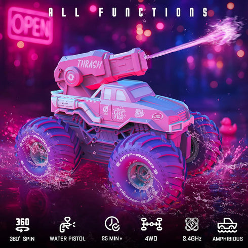 1:16 2.4GHz 4WD BEZGAR Amphibious Remote Control Car for Girls - Pink Monster Truck Toys RC Boats Waterproof Tank